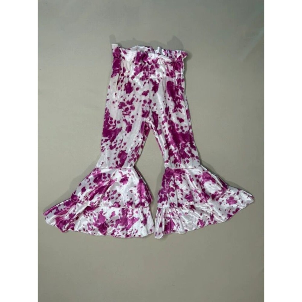 Boutique Toddler Girls Pink Cow Print Velvet Double Flare Ruffle Bell Bottoms 3T